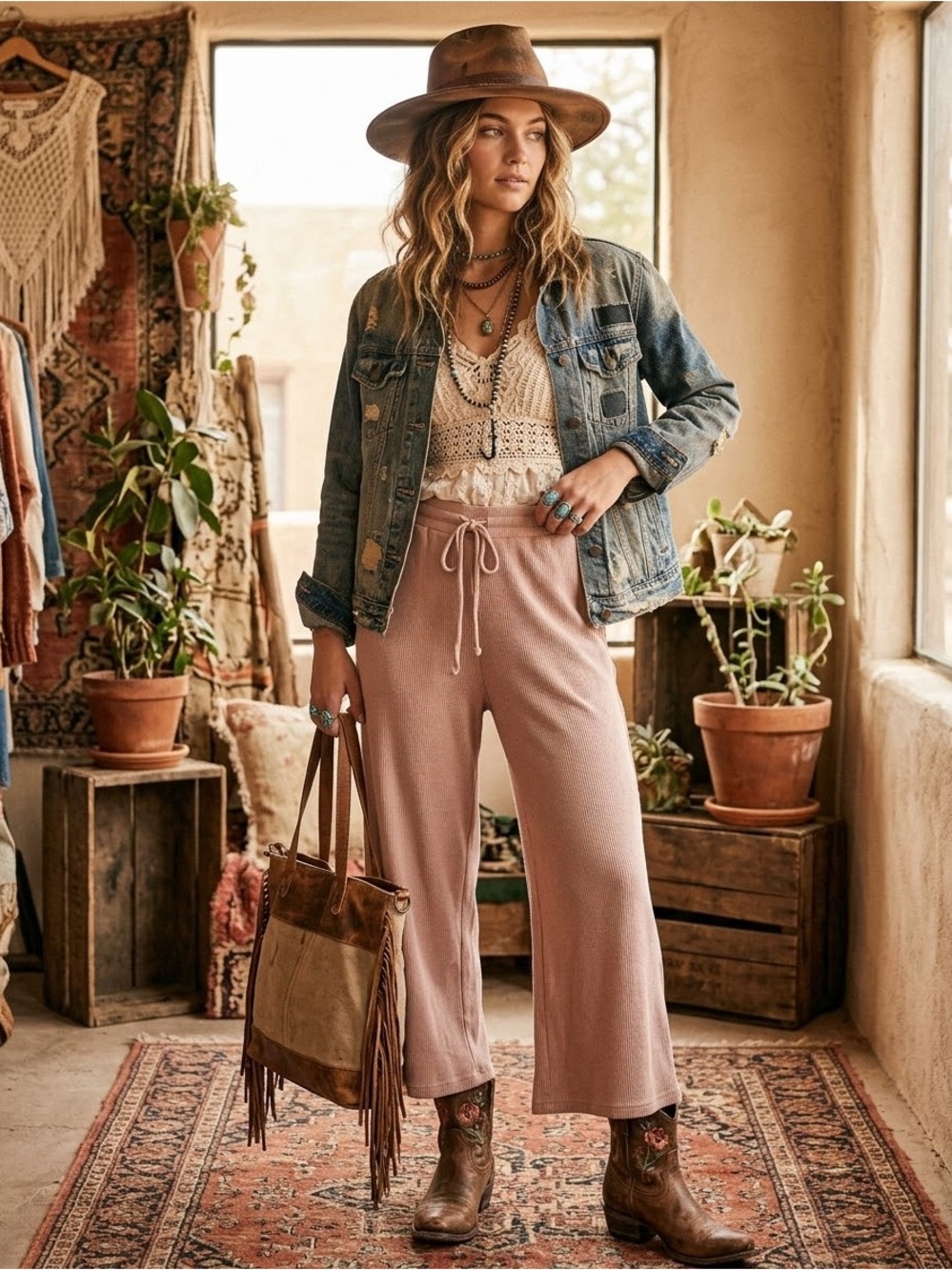 RD Style Dusty Pink Waffle Knit Wide Leg Pants L